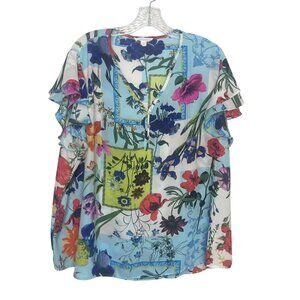 Cynthia Rowley Womens Floral Print Shirt Ruffle Sleeve Size 2X